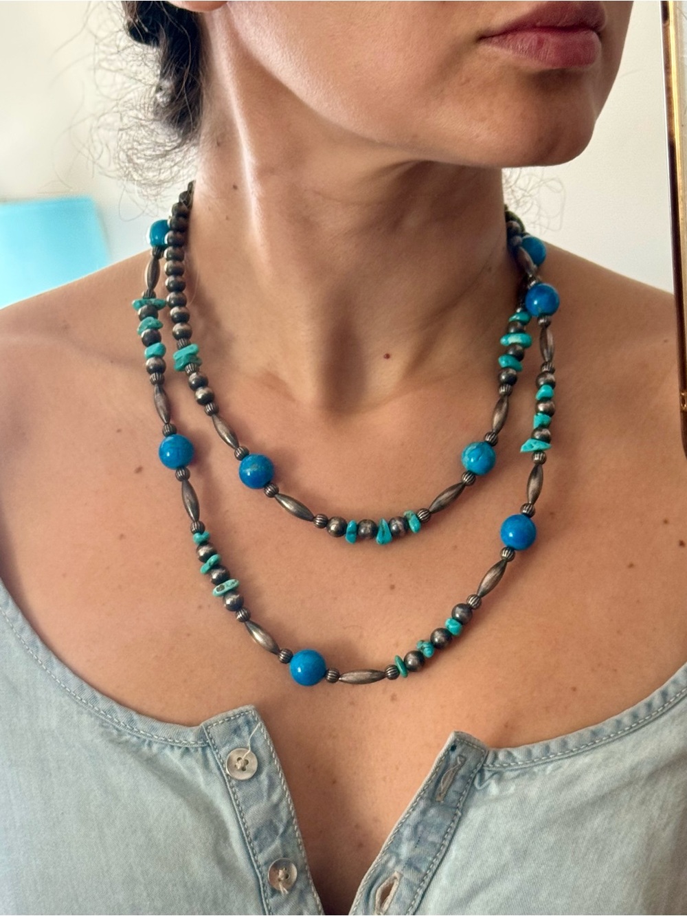 Sterling Silver Turquoise Southwestern Navajo Pearl Style Necklace